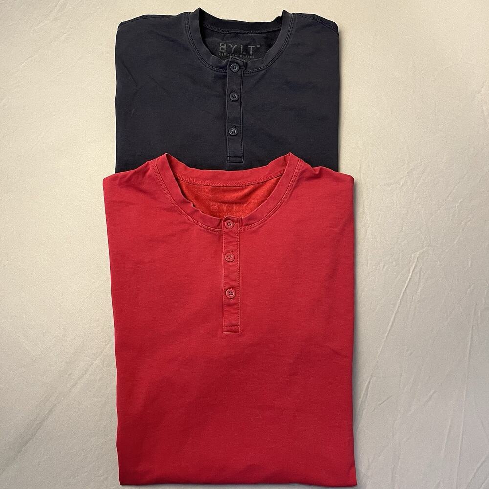 Lot of 2 BYLT Premium Basics Drop-Cut Lux Henley Shirts Size Medium Blue/Red